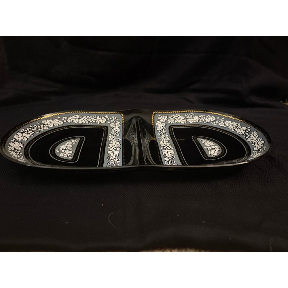 Black Glass Snack Dish With Blue & White Grapes & Leaves Border Gold Accent